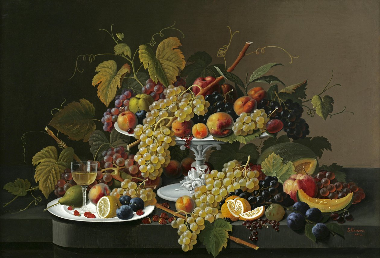 Stilleven met fruit en wijn op een tafel door Severin Roesen
