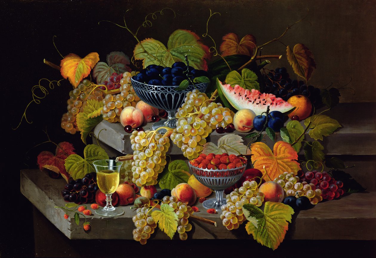 Stilleven van Meloen, Pruimen, Druiven, Perziken, Kersen, Aardbeien enz. op Stenen Ledges door Severin Roesen