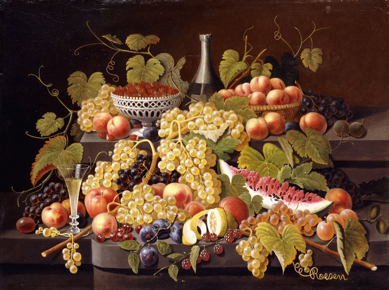 Stilleven met fruit en champagne door Severin Roesen