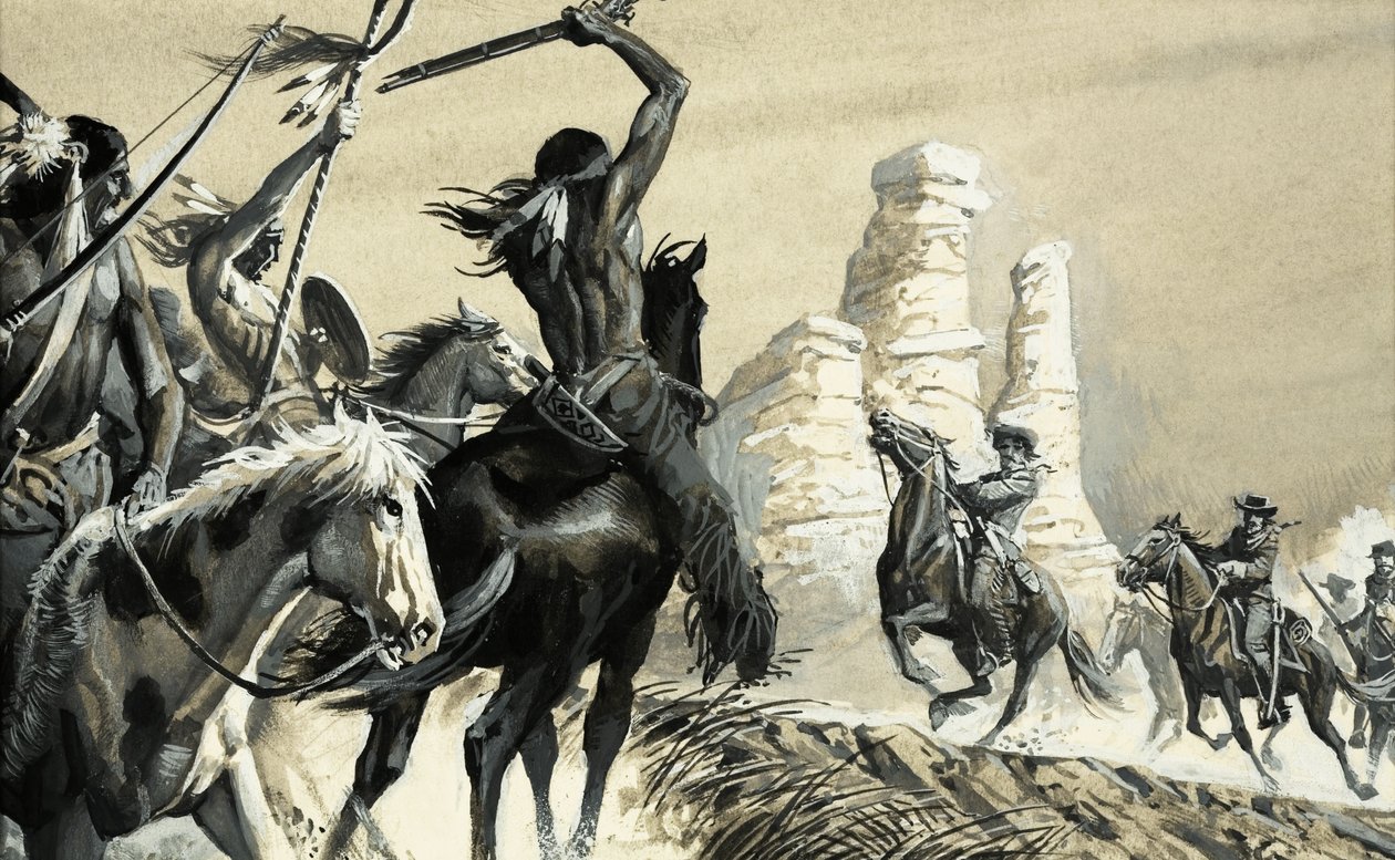 Een verrassingsontmoeting tussen twee verkenners, de ene indiaans, de andere US cavalerie door Severino Baraldi