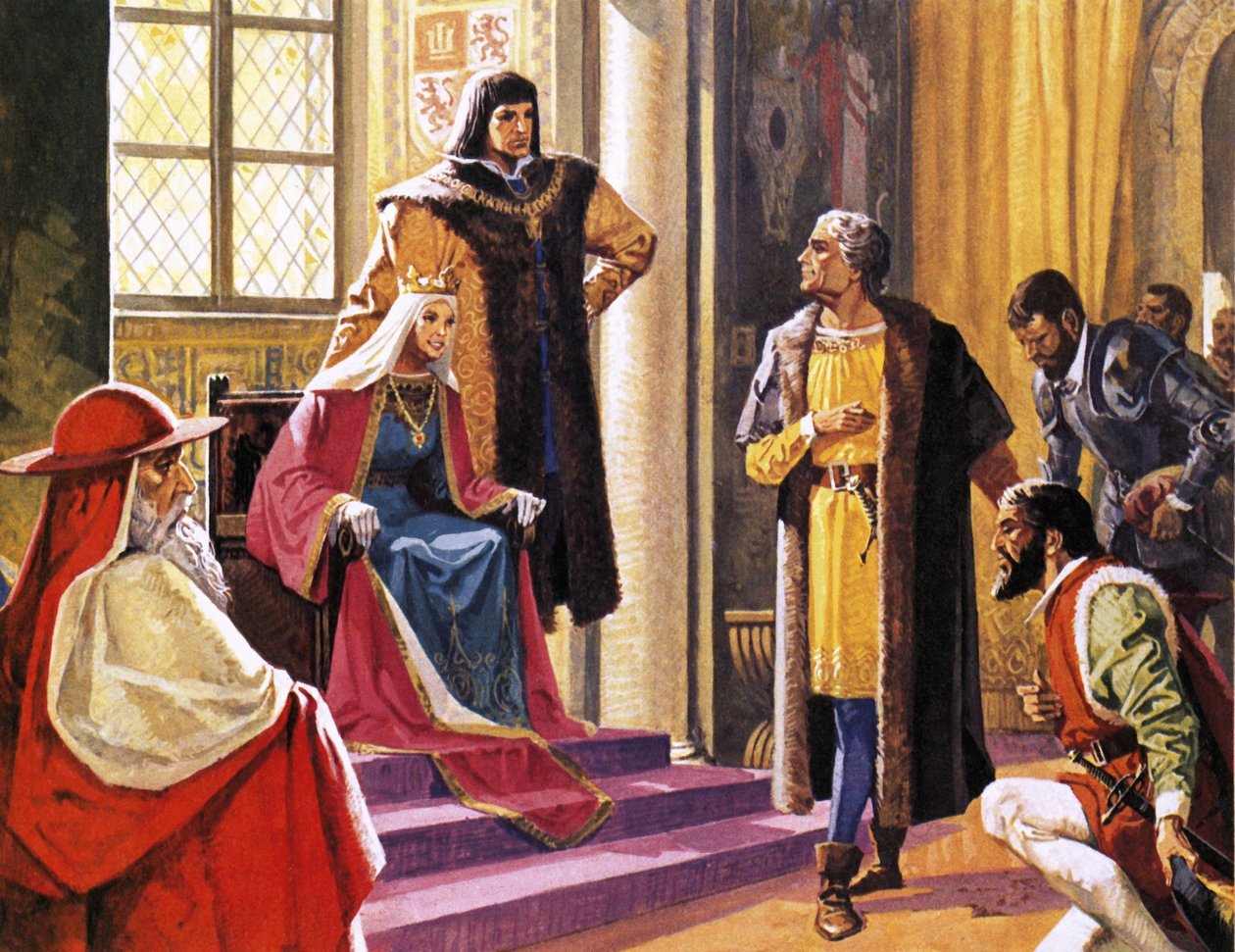 Amerigo Vespucci beeldde zich in dat hij verslagen van zijn reizen aan Koningin Isabella van Spanje gaf door Severino Baraldi