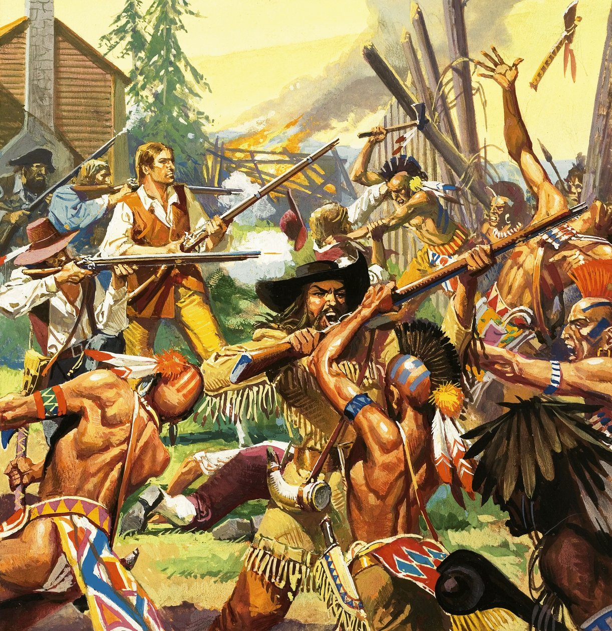 Daniel Boone verdedigt een hofstede in Kentucky tegen aanvallende indianen door Severino Baraldi