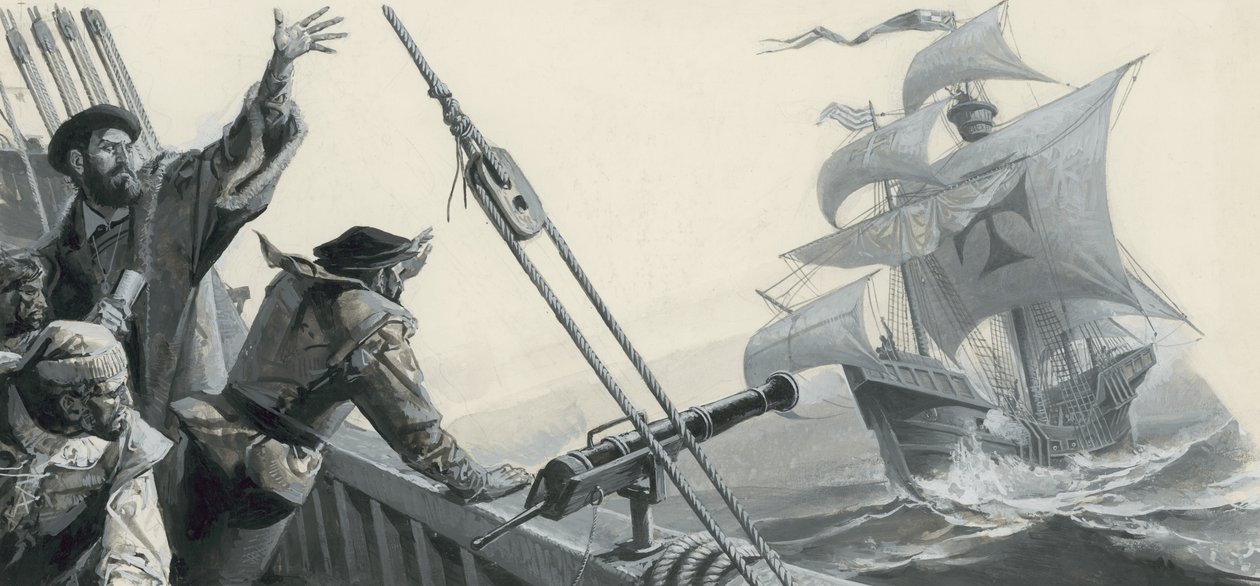 Ferdinand Magellan (1480-1521) over de ontdekking van de Stille Oceaan (gouache op papier) door Severino Baraldi