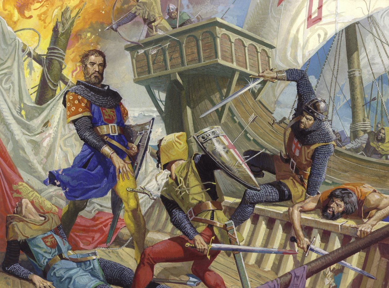 Marco Polo gevangen door de Genuees, 20e eeuw (gouache op papier) door Severino Baraldi