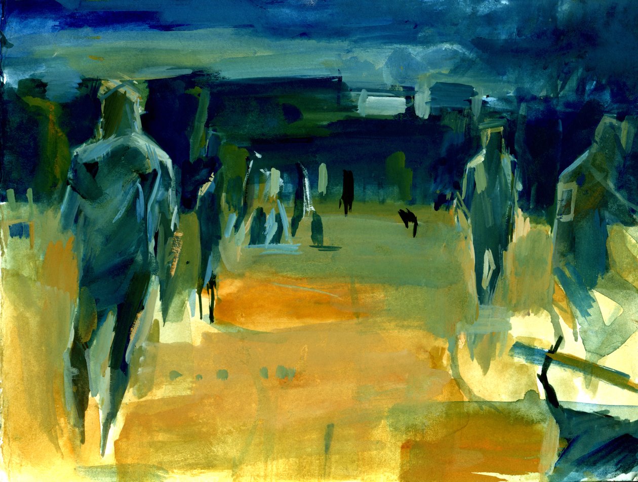 Figuren in het park, 2024 (acryl en collage) door Shaun Carey