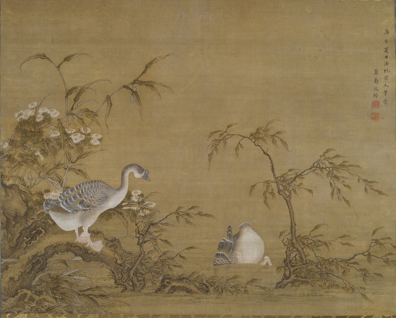 Ganzen aan een rivierbank, Qing-dynastie door Shen Kai