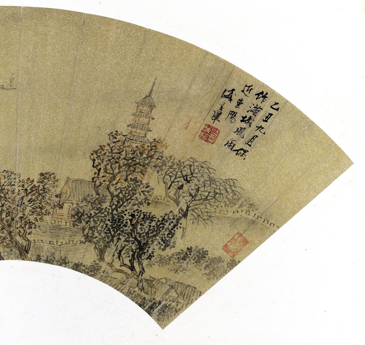 (detail) Landschap met Pagode, Huizen en Boten door Sheng Maoye