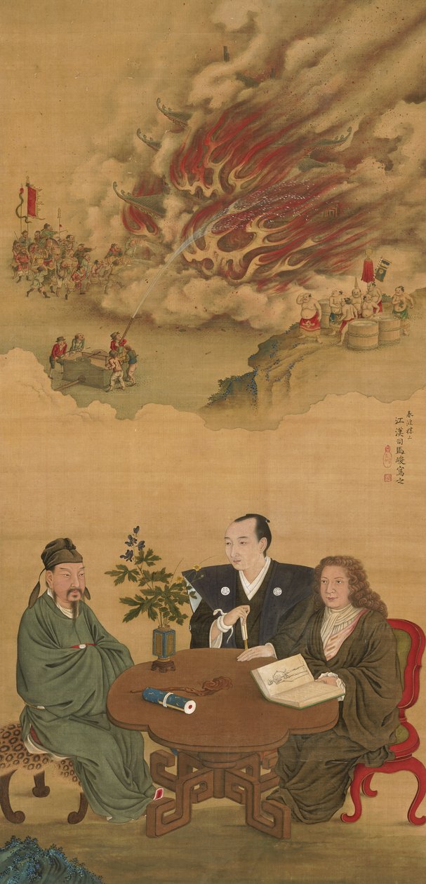 Hangende rol die een ontmoeting van Japan, China en het Westen afbeeldt door Shiba Kokan