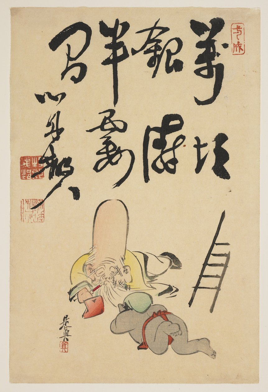 (Fukurokuju en Daikoku goden) door Shibata Zeshin