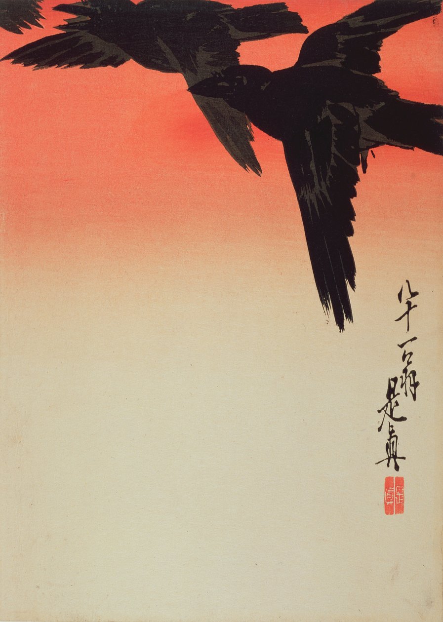Kraaien in Vlucht bij Zonsopgang door Shibata Zeshin