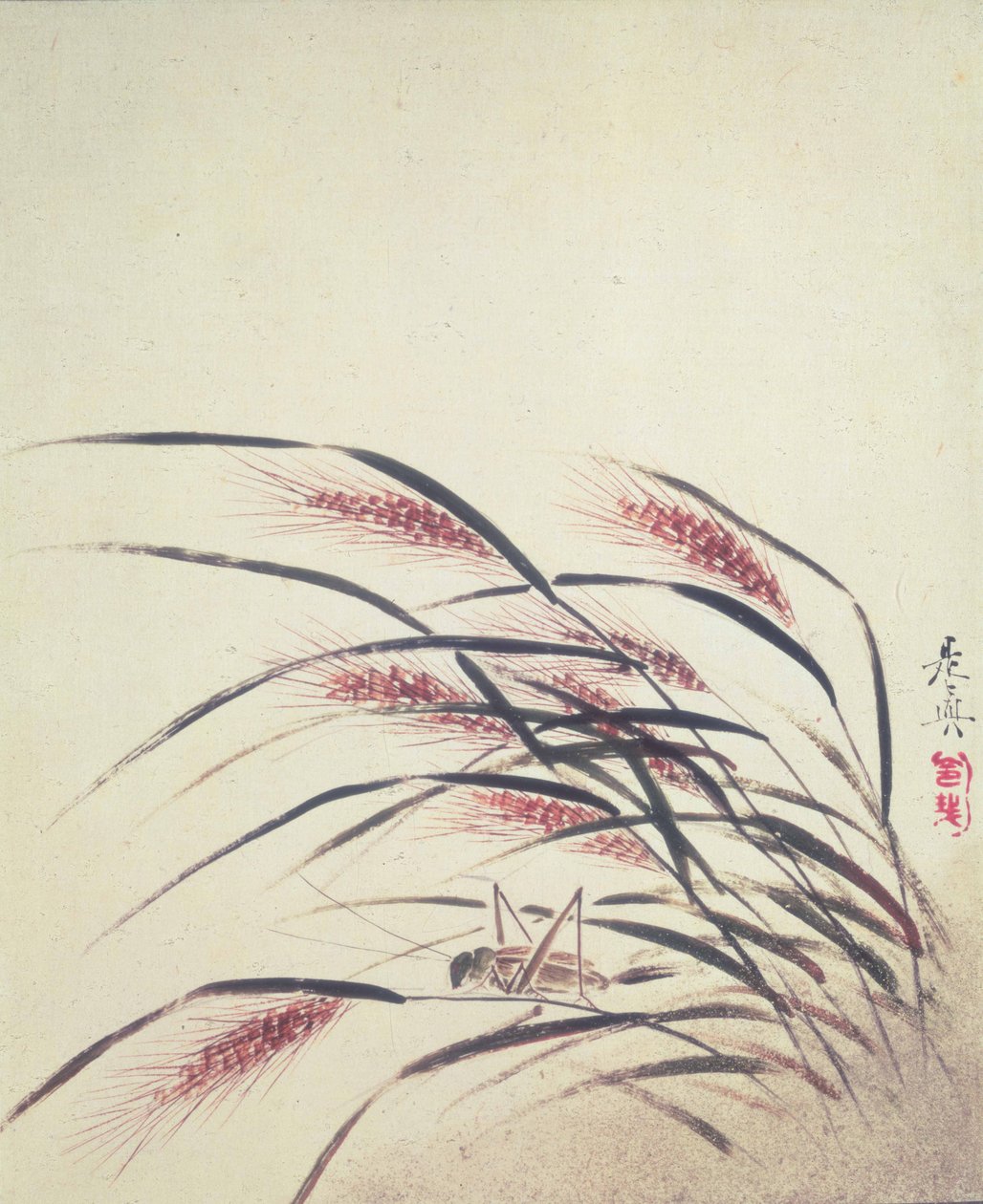 Rijstaren en krekel (lak op papier) door Shibata Zeshin
