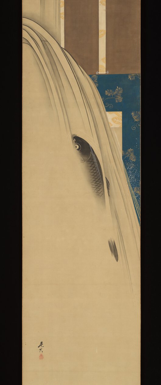Ein Karpfen, der einen Wasserfall hinaufsteigt door Shibata Zeshin