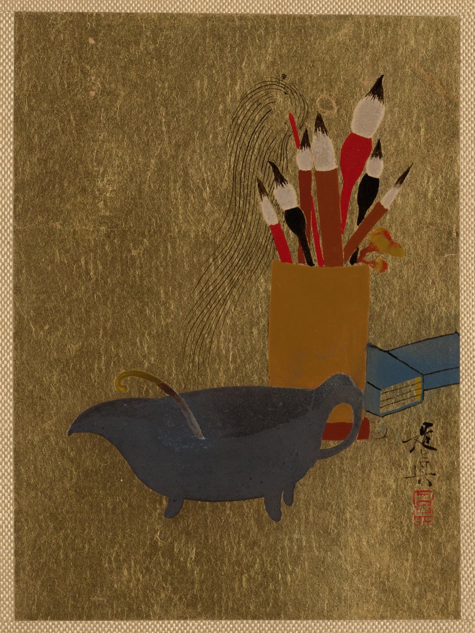 Kessel und Kiste mit Pinseln door Shibata Zeshin