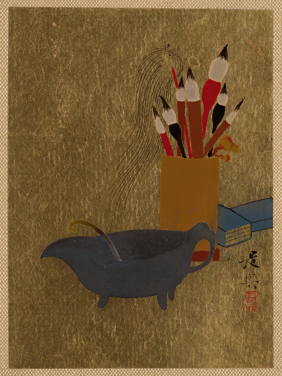Ketel en doos met verfkwasten, 1882 door Shibata Zeshin