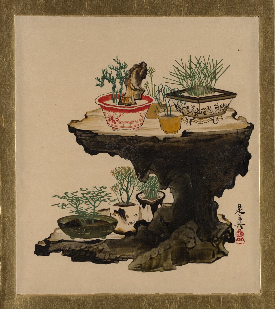 Lakschilderingen met verschillende onderwerpen: bonsai door Shibata Zeshin