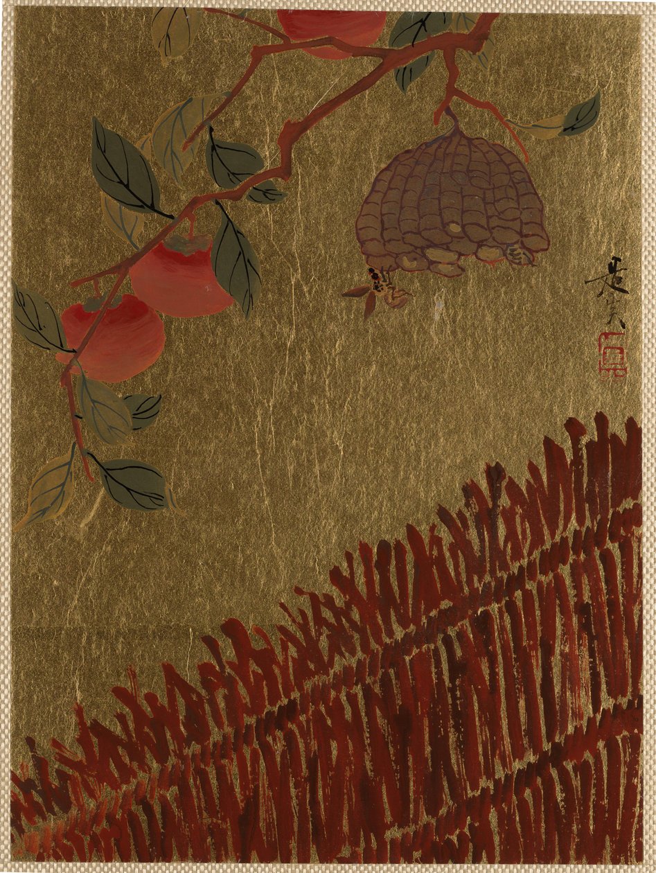 Tak van Kaki en Wespennest boven een Haag door Shibata Zeshin