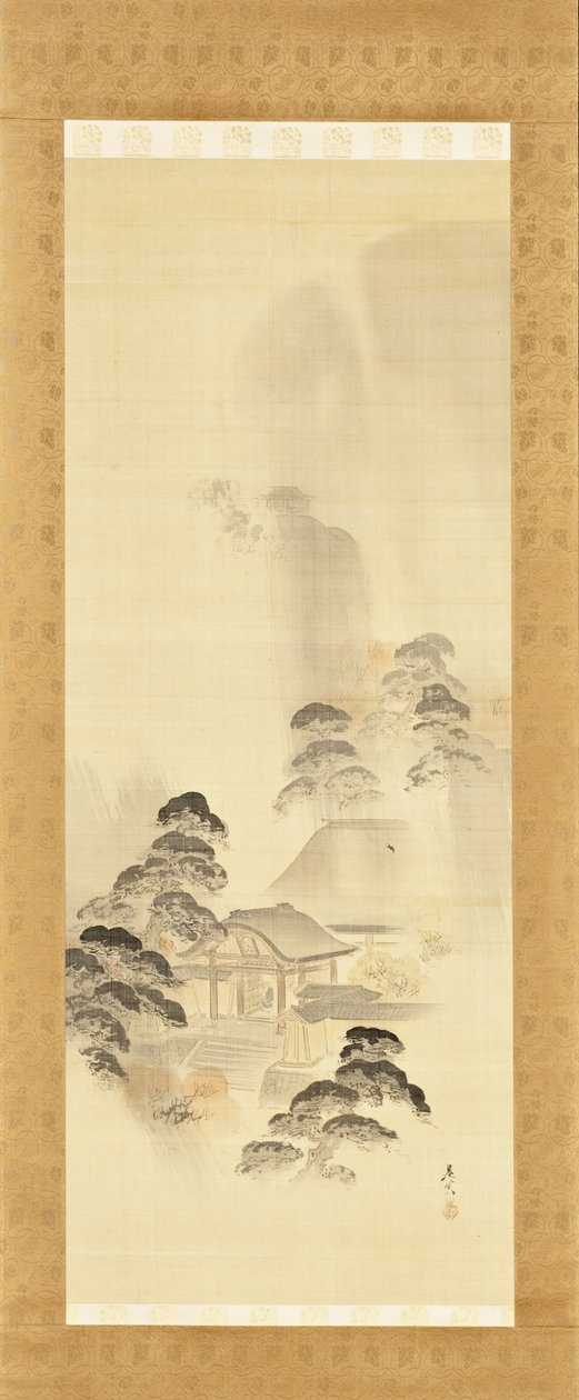 Tempel in herfstregen door Shibata Zeshin