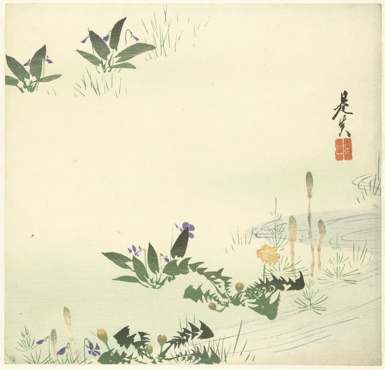 Voorjaarsbloemen bij een stroompje door Shibata Zeshin