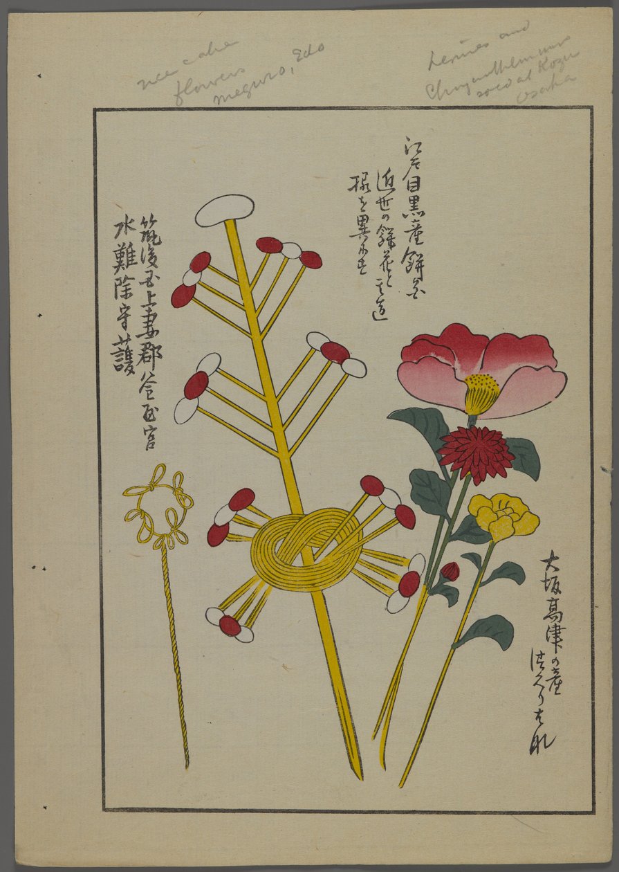 Japanse speelgoed, uit Unai no tomo (Vrienden van een kind) door Shimizu Seifu, 1891-1923. Bloemen, knopen. door Shimizu Seifu