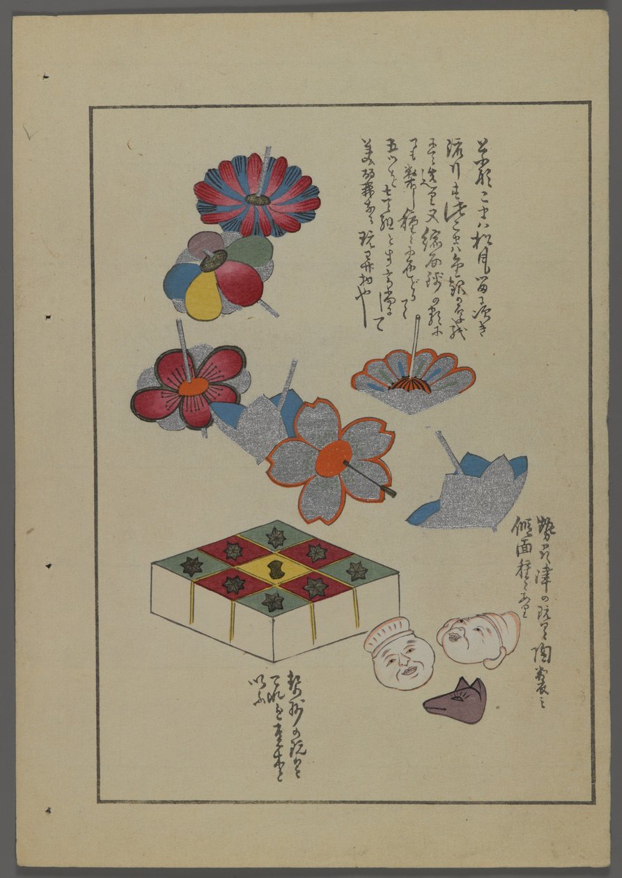 Japanse speelgoed, uit Unai no tomo (Vrienden van een kind) door Shimizu Seifu, 1891-1923. Bloemen, blokken, dieren- en mensenhoofden. door Shimizu Seifu