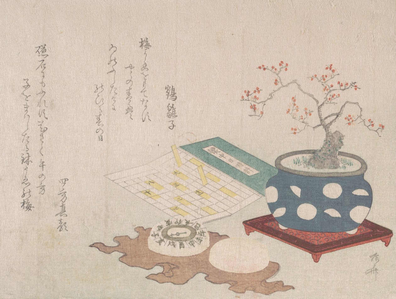 Bonsai Pruim, Kompas en Zakzonnewijzer met Ontwerp van Kalender, uit Lente Regen Surimon... door Shinsai