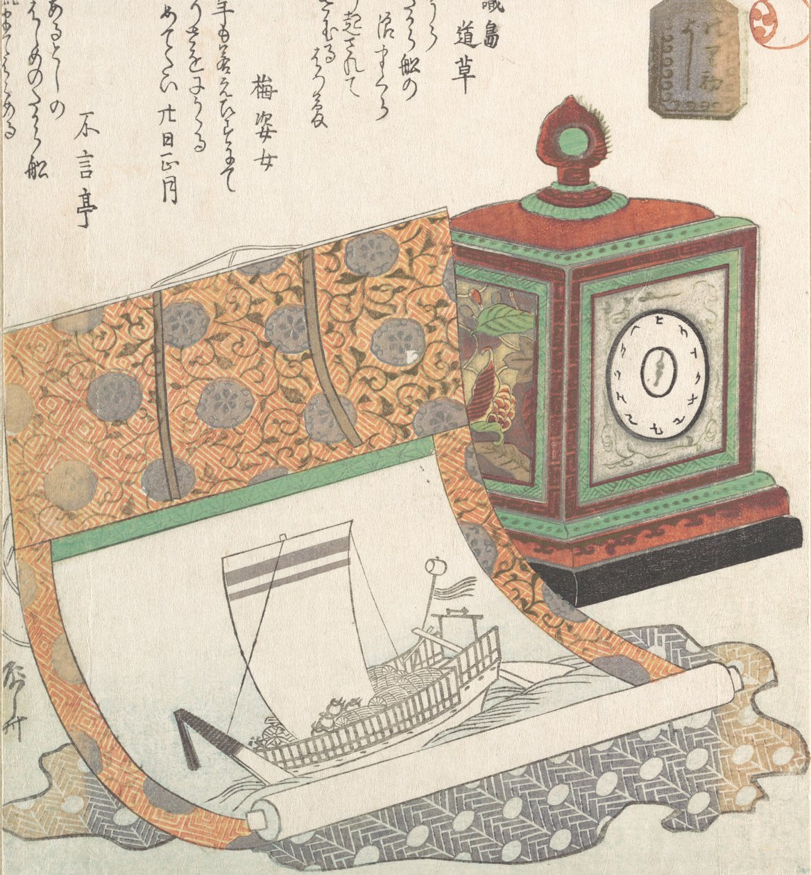 Tafelklok en Kakemono van een Schatboot, 19e eeuw door Shinsai