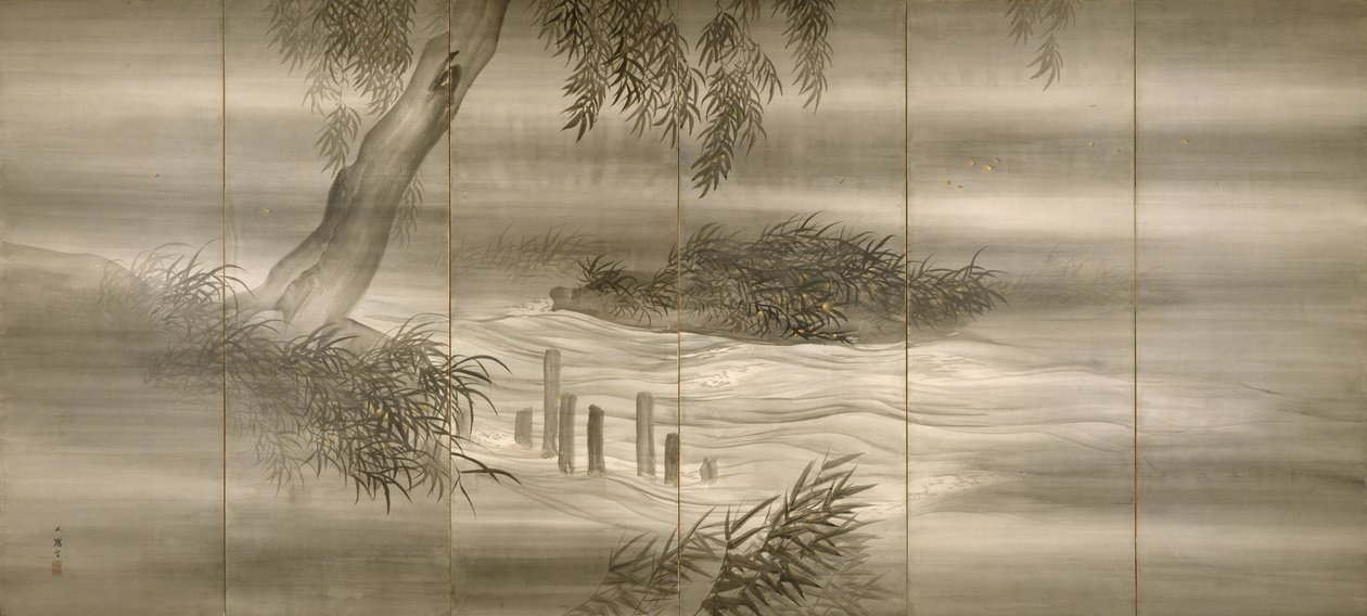 Rivierlandschap met vuurvliegjes door Shiokawa Bunrin
