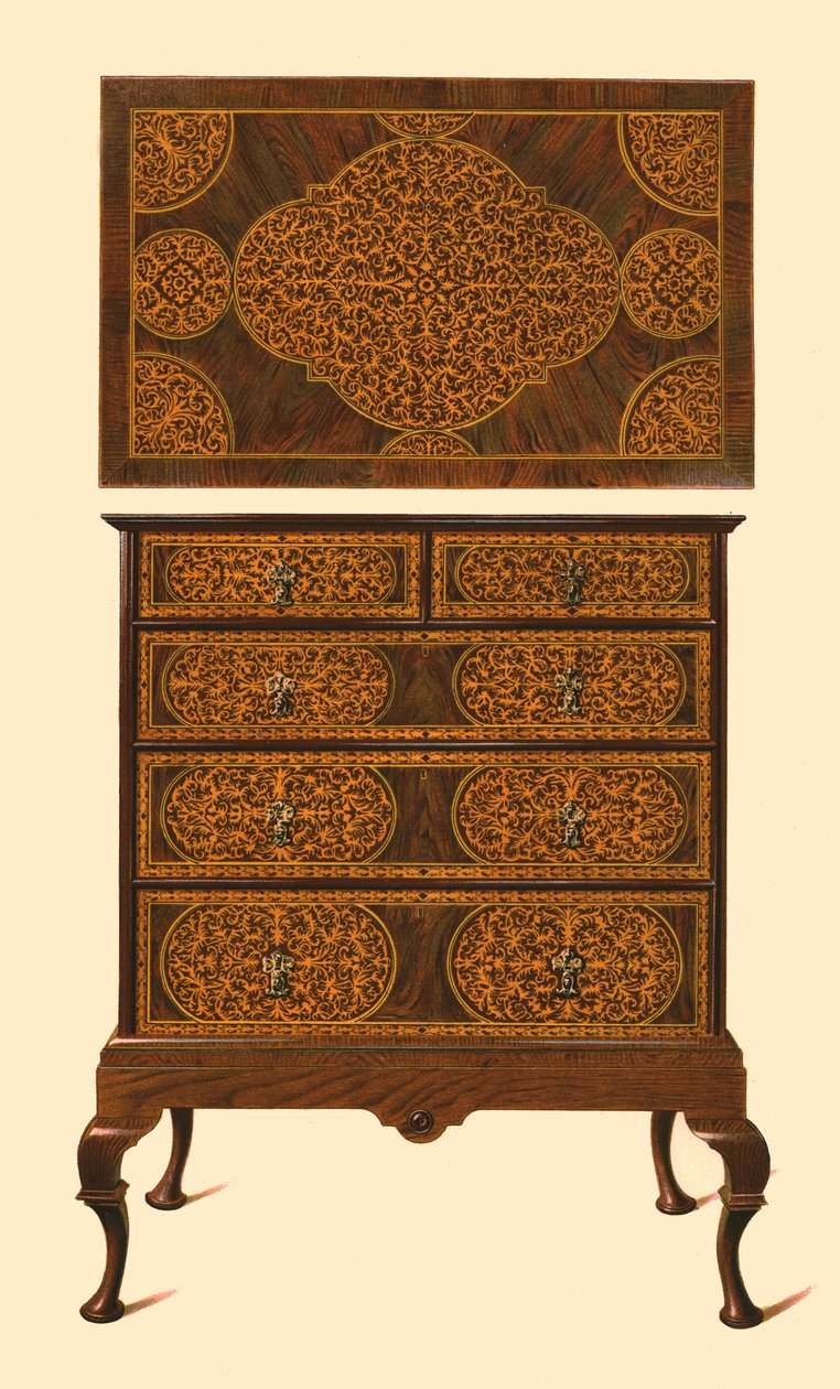 Commode ingelegd met marqueterie, 1905 door Shirley Charles Llewellyn Slocombe
