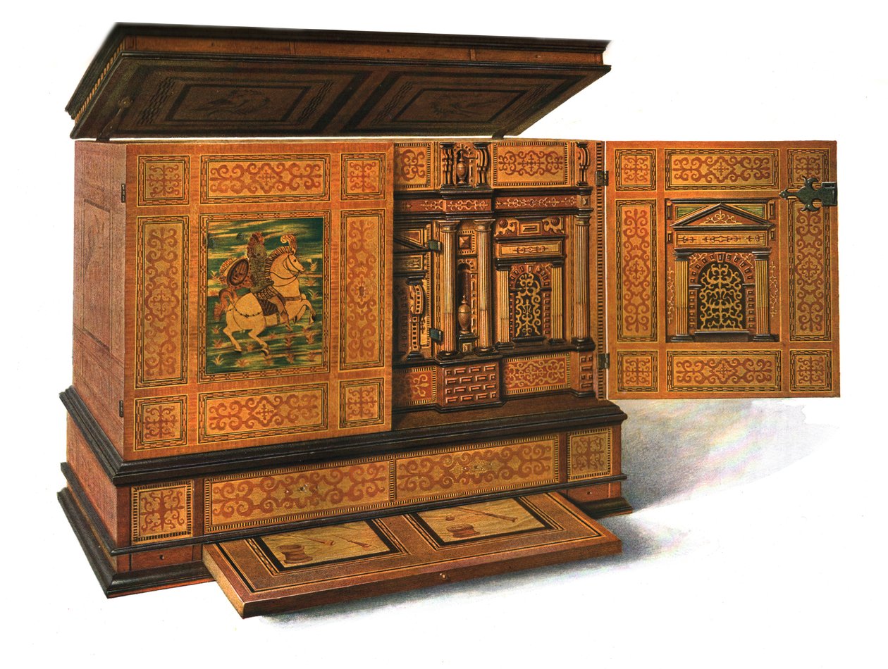 Schrijfkabinet ingelegd met marqueterie, 1904 door Shirley Charles Llewellyn Slocombe