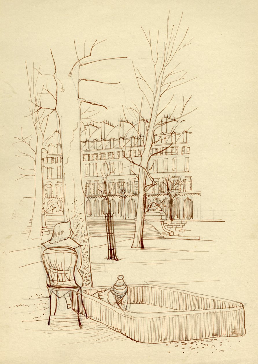 Kind spelend in zandbak, Parijs, Frankrijk, ca. 1951 door Shirley Markham
