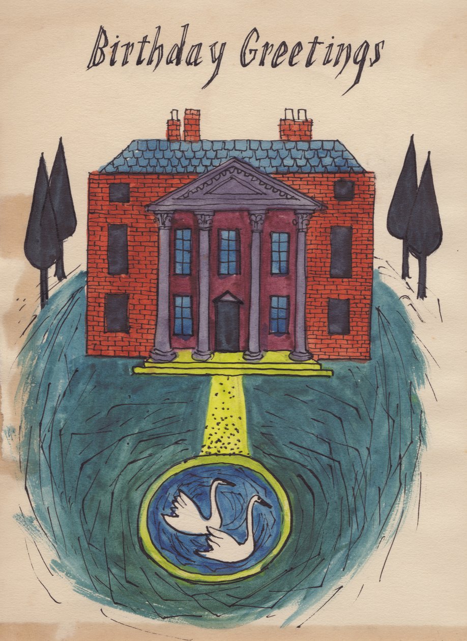 Statig huis, verjaardagskaart, 1952 door Shirley Markham
