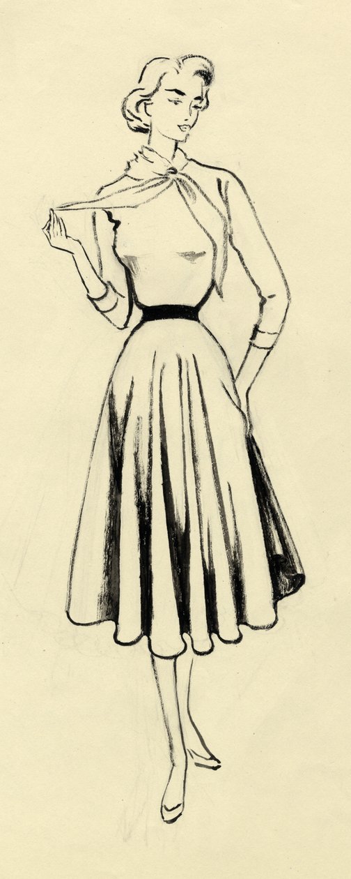 Vrouw in trui en volle rok, ca. 1950 door Shirley Markham