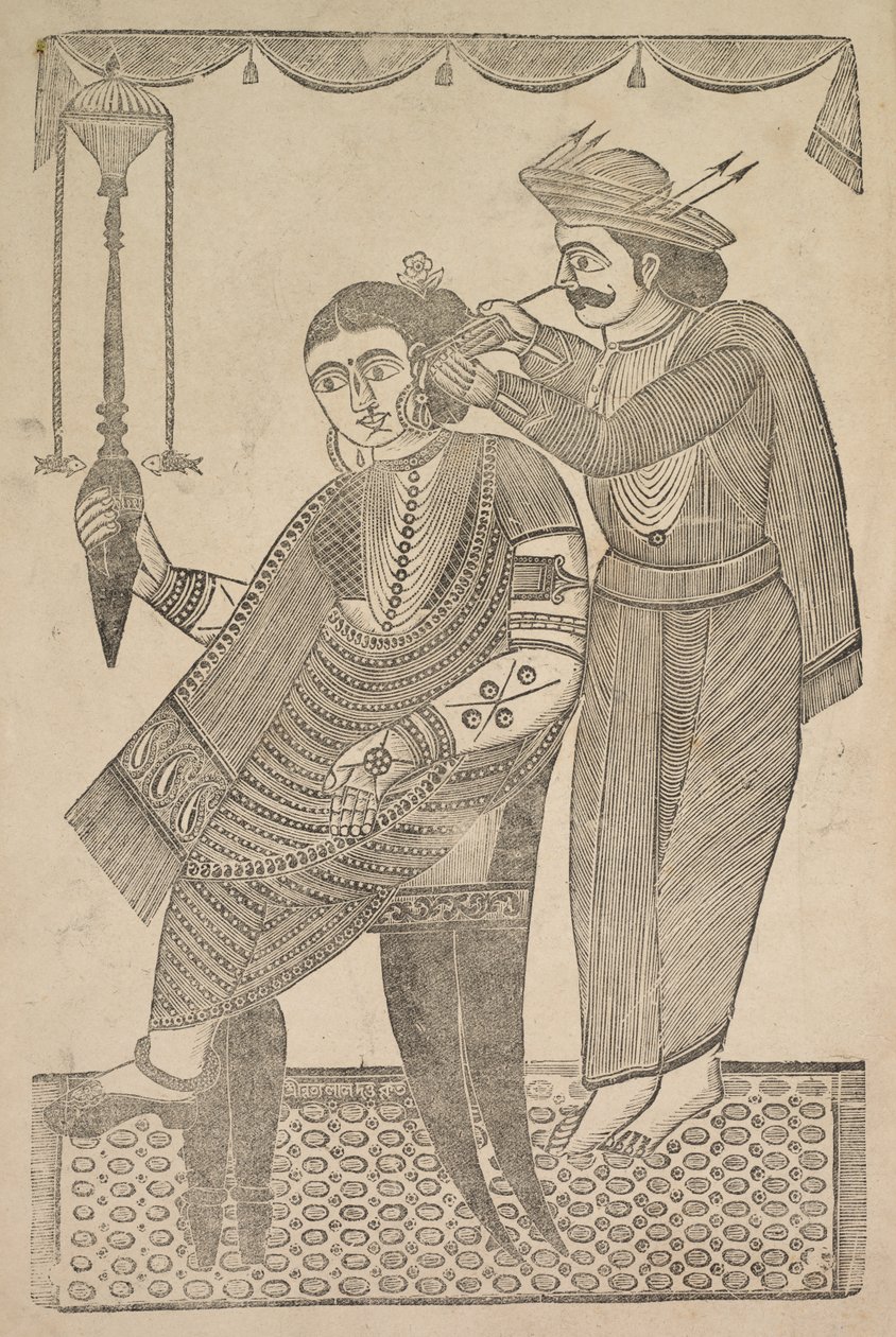 Een barbier reinigt het oor van een courtisane, 1800s door Shri Gobinda Chandra Roy