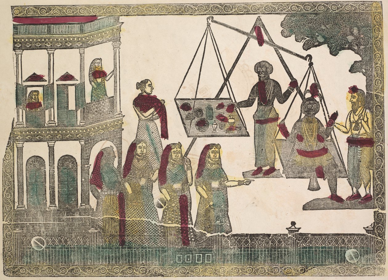 Krishna Gewogen tegen Kostbare Voorwerpen (?) (verso) door Shri Gobinda Chandra Roy