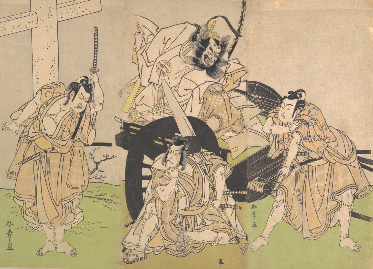 Kabuki-acteurs Ichikawa Yaozo II, Nakajima Mihoemon II, Ichikawa Ebizo III ..., 7e maand, 1776 door Shunsho