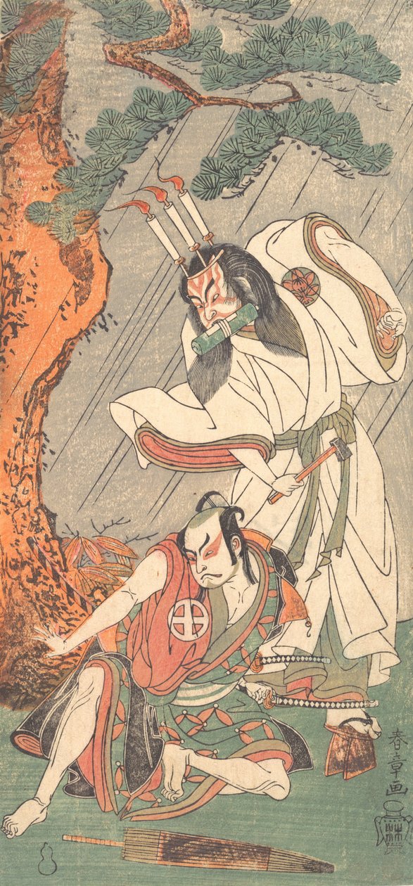 Kabuki-acteurs Ichimura Uzaemon IX als Ko-kakeyama en Otani Hiroji III als Koga Saburo door Shunsho
