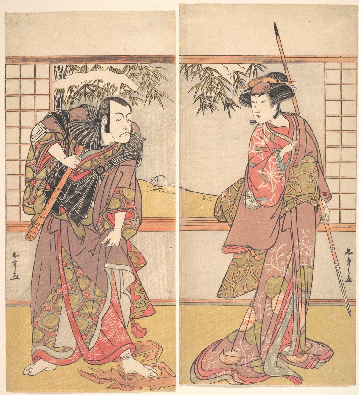 Kabuki-acteurs Osagawa Tsuneyo II en Ichikawa Danjuro V, ca. 1780s door Shunsho