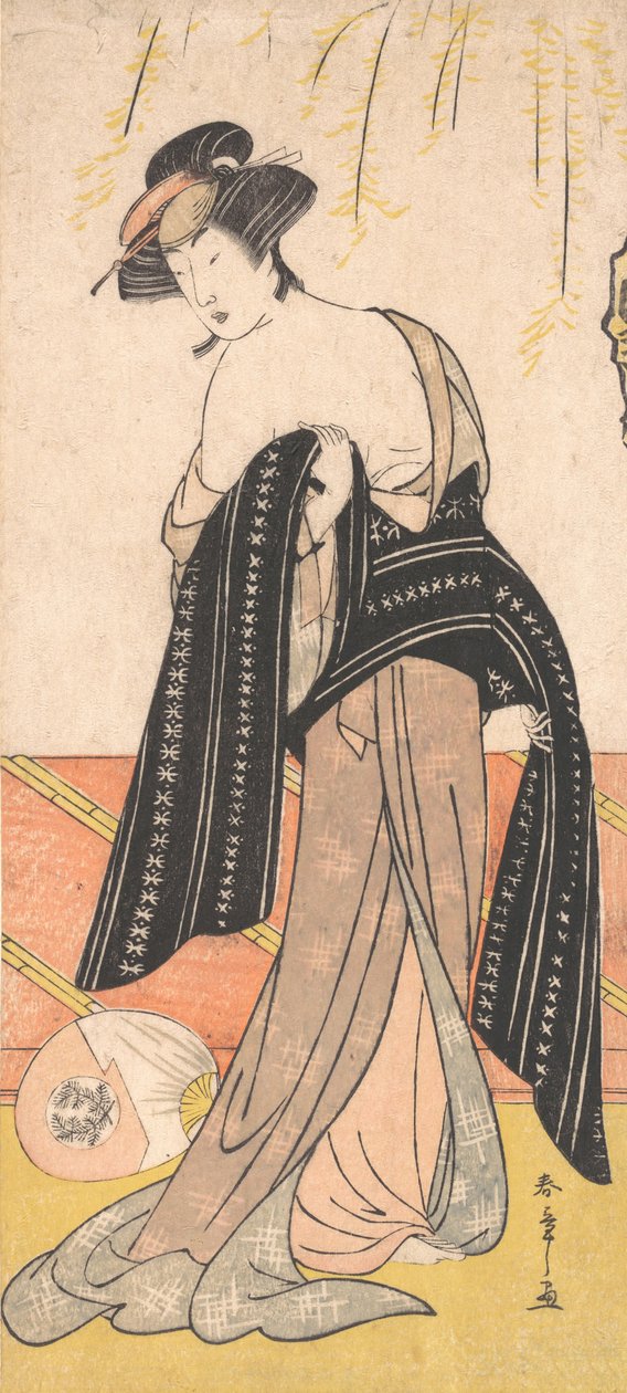 De acteur Nakamura Riko als een Oiran die haar Obi vastmaakt, ca. 1779 door Shunsho