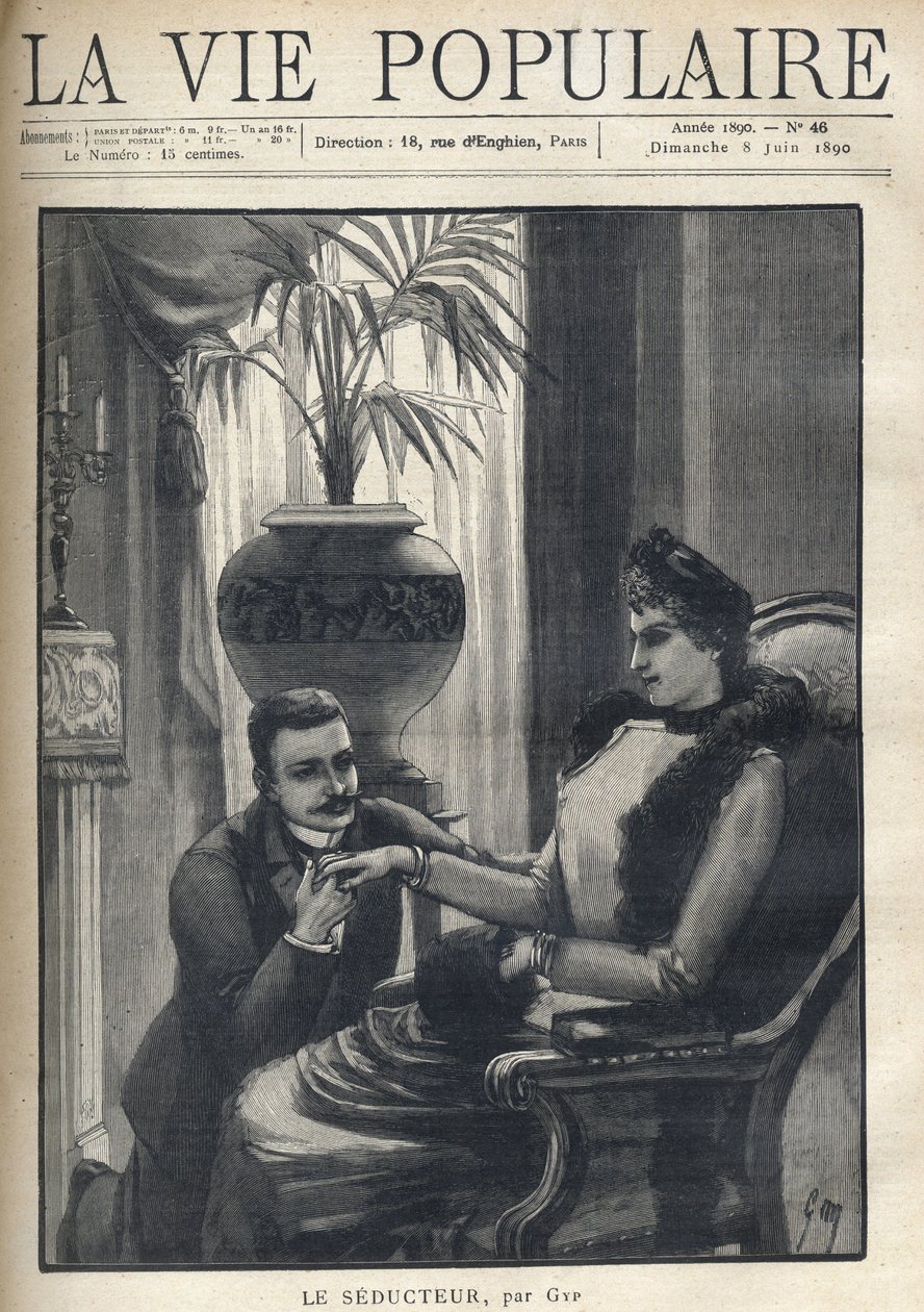 Een man op zijn knieën houdt de hand van een elegante vrouw vast, zittend in een bourgeois salon, met zijn jas, een mouw en een bontsjaal. Illustratie voor Le Seducteur door Gyp (Sibylle Gabrielle Marie Antoinette Riquetti de Mirabeau, Gravin van Martel d door Sibylle Gabrielle de Riquetti de Mirabeau