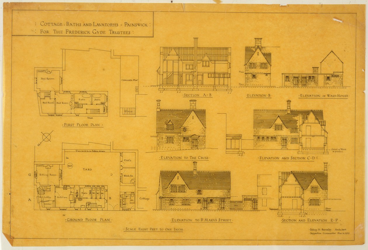 Cottage, Baden en Toiletten - Painswick, voor de Frederick Gyde Trustees, 14 maart 1923 door Sidney Barnsley