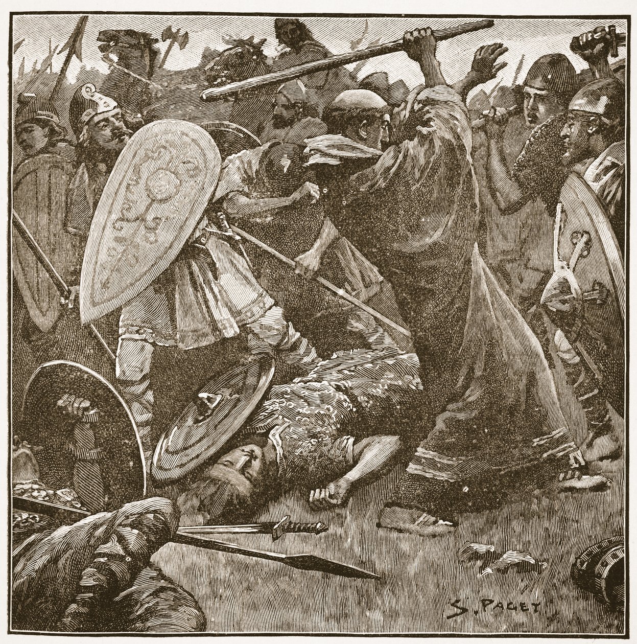 De Koning-monnik viel in de Nederlaag van zijn oude Oost-Anglische Onderwerpen, illustratie uit 