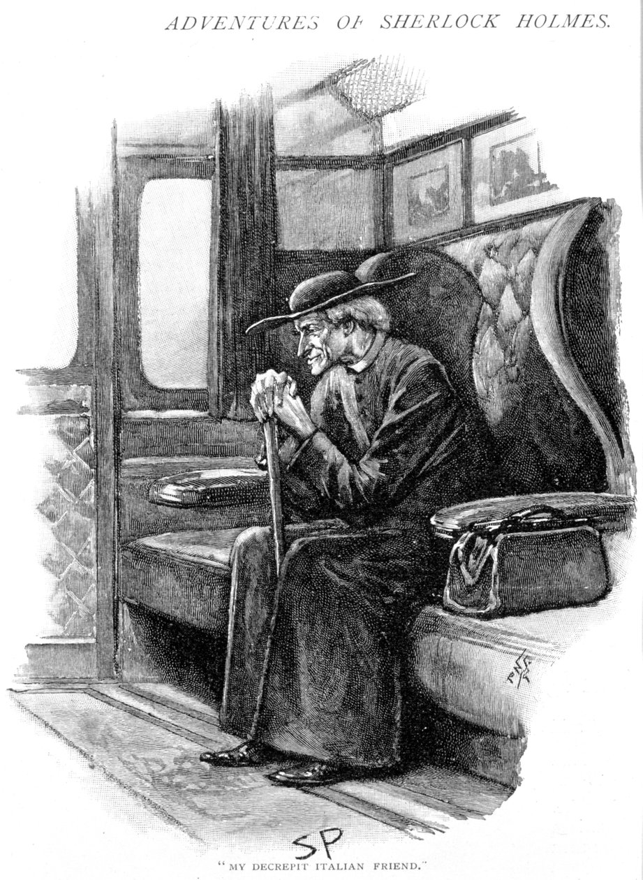 Arthur Conan Doyle Het avontuur van het laatste probleem Strand Magazine, Londen, 1893. Geïllustreerd door Sidney E. Paget (1860-1908), eerste kunstenaar die Holmes tekende. Holmes, als oude Italiaanse priester, wacht op de boottrein om uit Victoria Statio door Sidney Paget