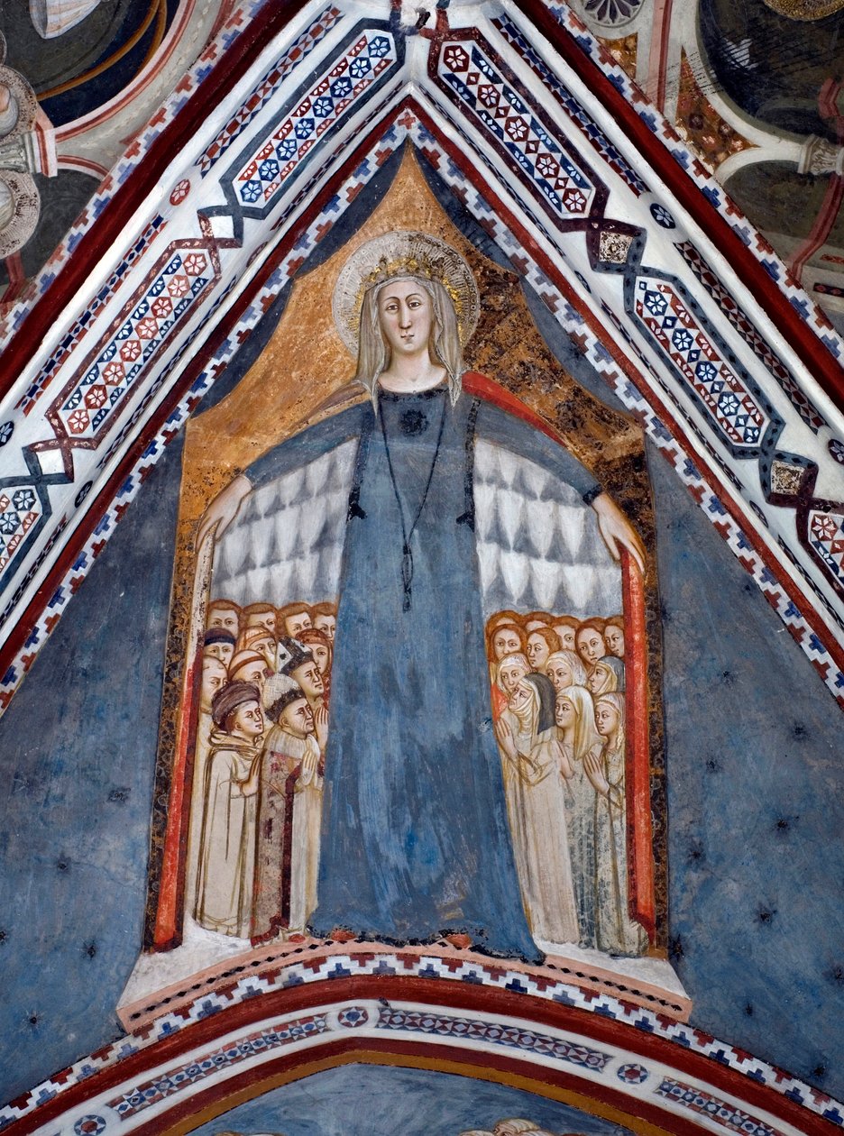 Voorstelling van de Maagd Maria Moeder van de Kerk Fresco van de Kapel van de Maagd gemaakt door de School van Siena van de 14e eeuw - Klooster van St. Benedetto (Sacro Speco), Subiaco (Rome), Italië door Sienese School