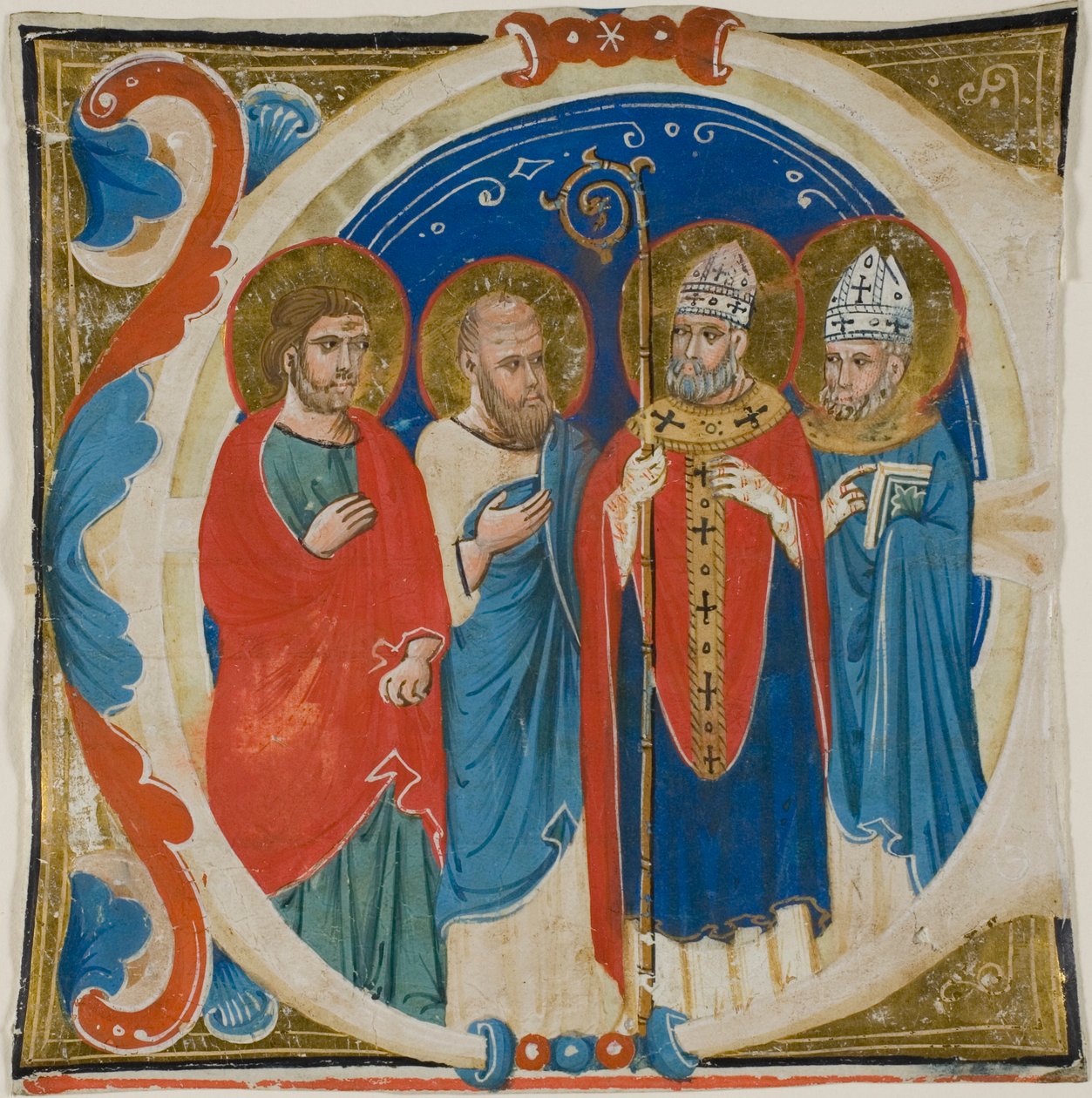Twee heiligen en twee bisschoppen in een gehistoriseerde initiaal "E" uit een koorboek door Sienese School