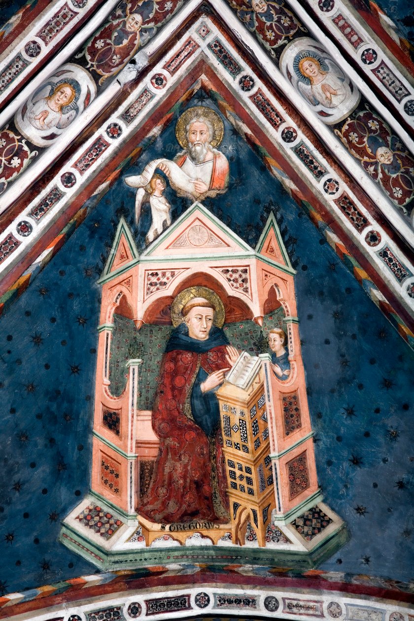 Detail van een fresco die een van de gewelven van de Bovenkerk siert, voorstellende de vier doktoren van de Romeinse Kerk: Sint-Gregorius I de Grote en de evangelist Sint-Matteüs door Sienese School