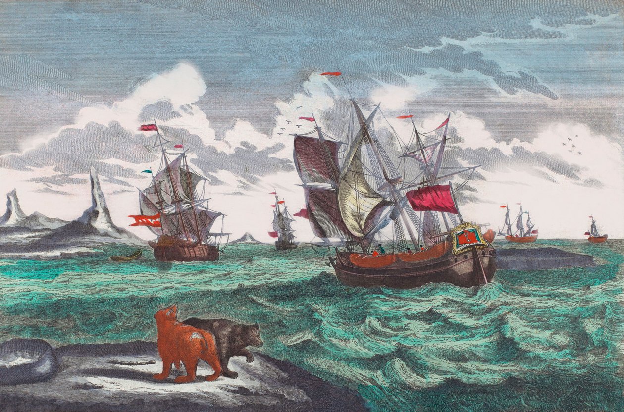 Walvisvloot bij Groenland in de 18e eeuw (gravure) door Sieuwert van der Meulen