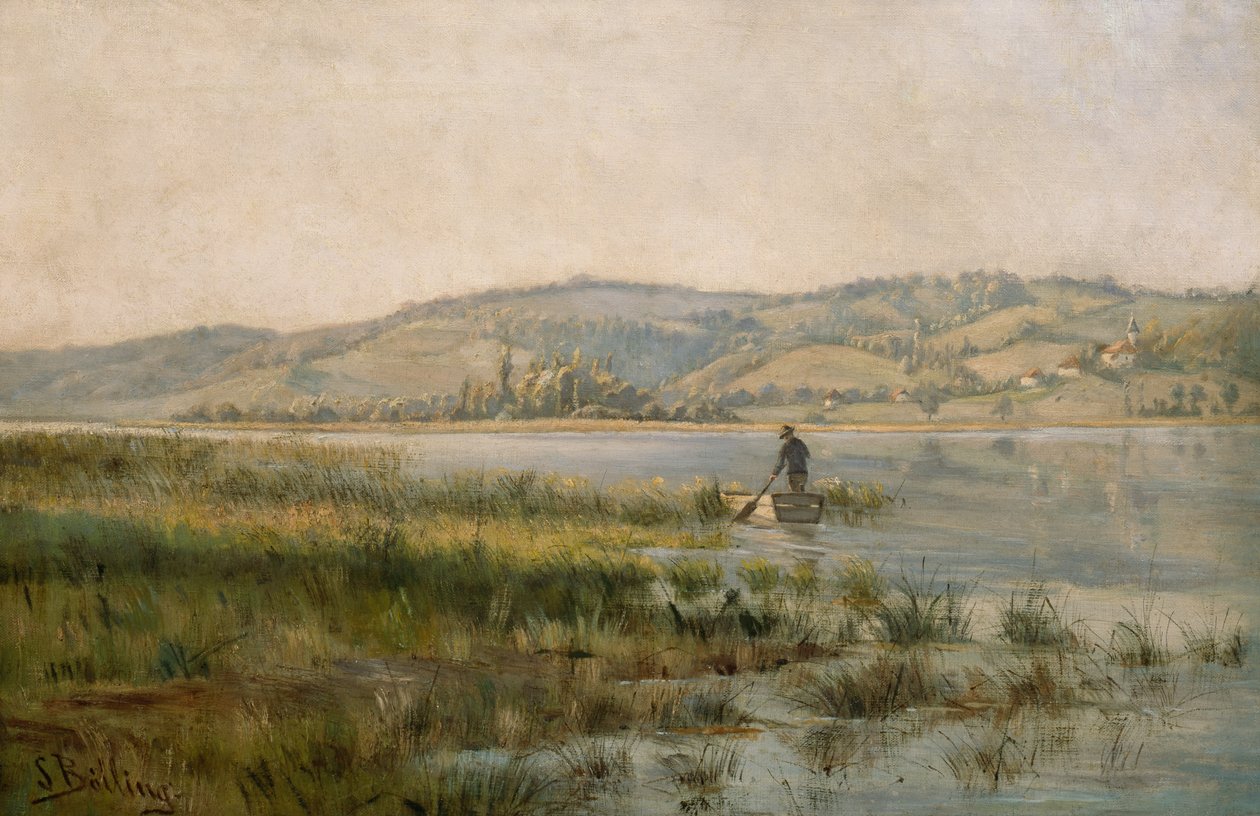 Peddelende man op meer (schilderij) door Sigrid Bolling