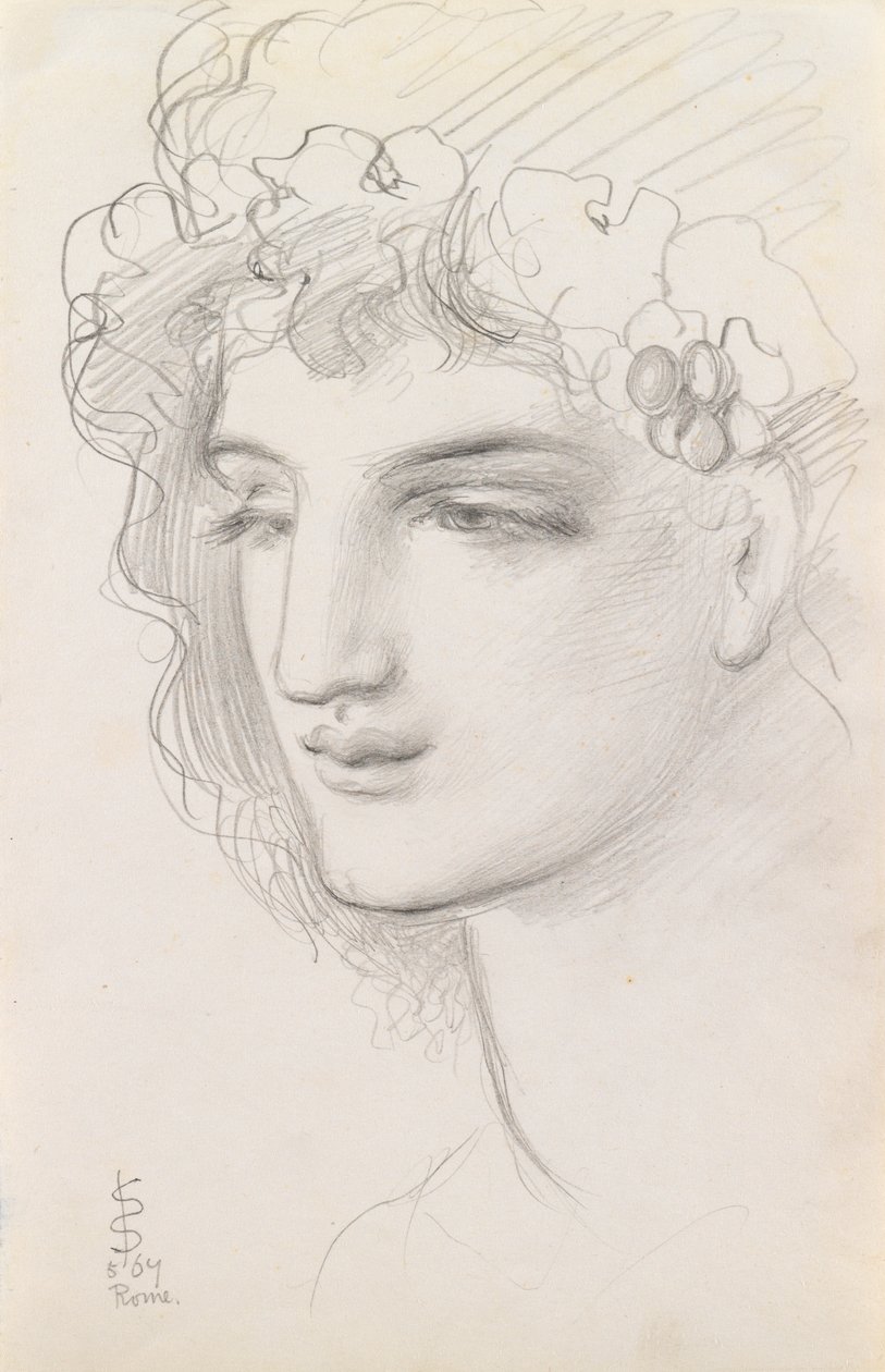 Studie van een met bloemen versierd hoofd, 1867 door Simeon Solomon