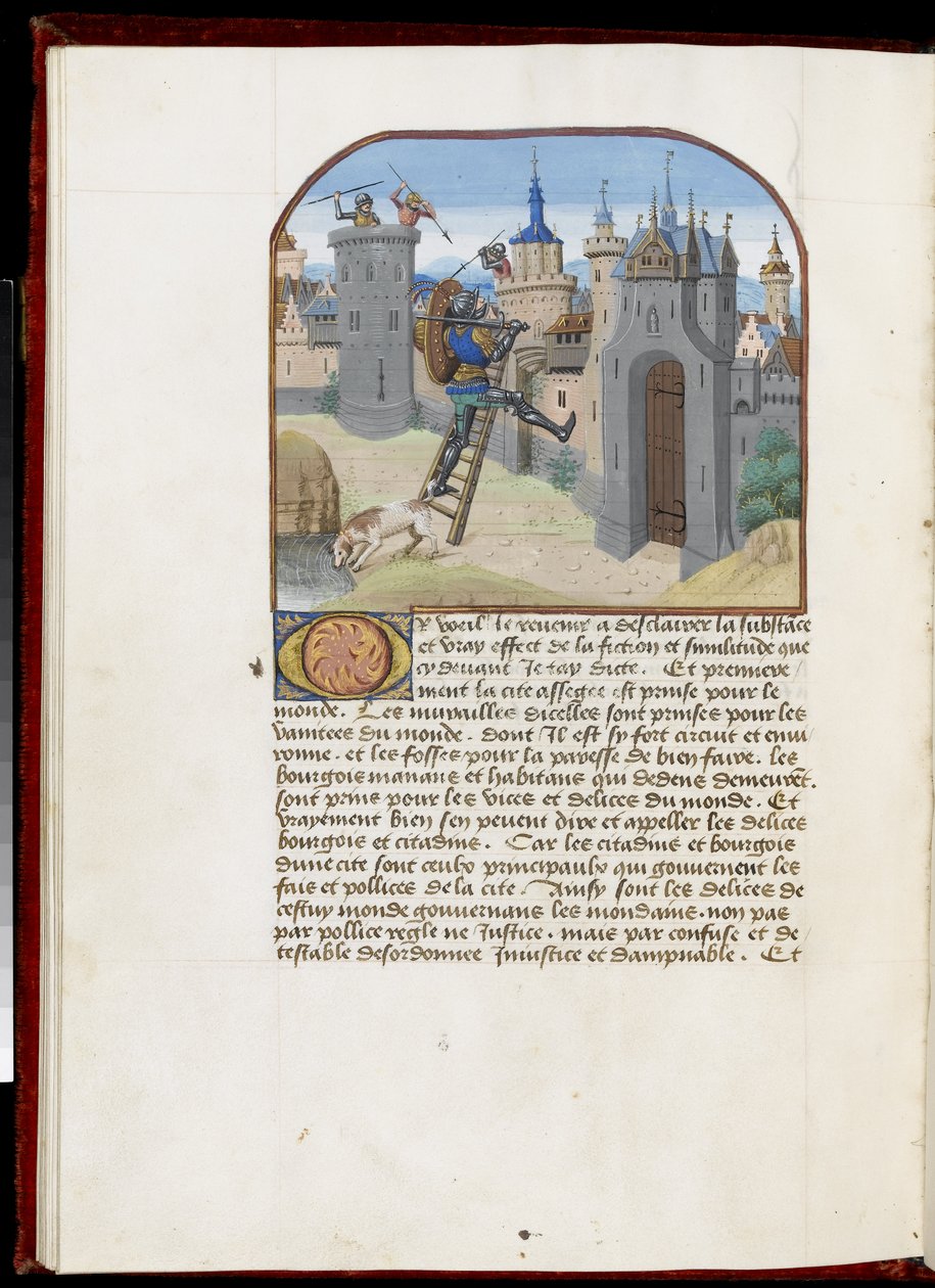 Ms.165 f.51v: Soldaat met schild en zwaard die een stormladder beklimt, uit Hesdin of Valenciennes, c.1465-68 door Simon Marmion