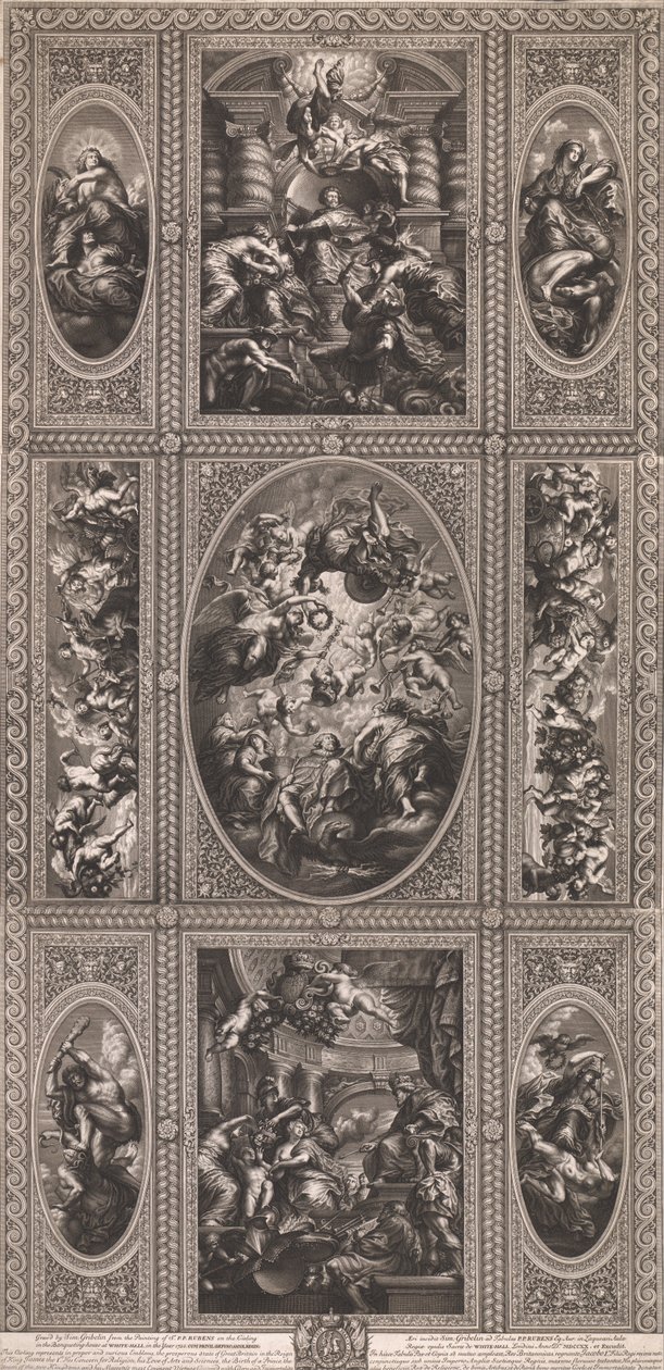 Van het schilderij van het plafond in de banketzaal in White-Hall in het jaar 1720 door Simon Gribelin
